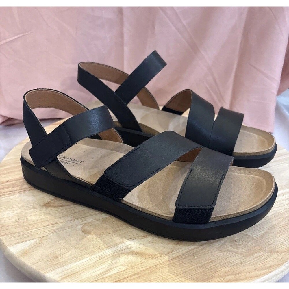 NIB Rockport Women's 10M Black Leather Kell's Bay Comfort Sandal Shoes New 10